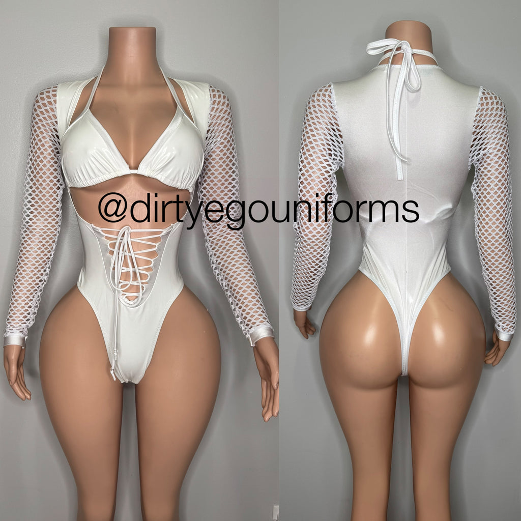 Net sleeve latex bodysuit with matching bikini top