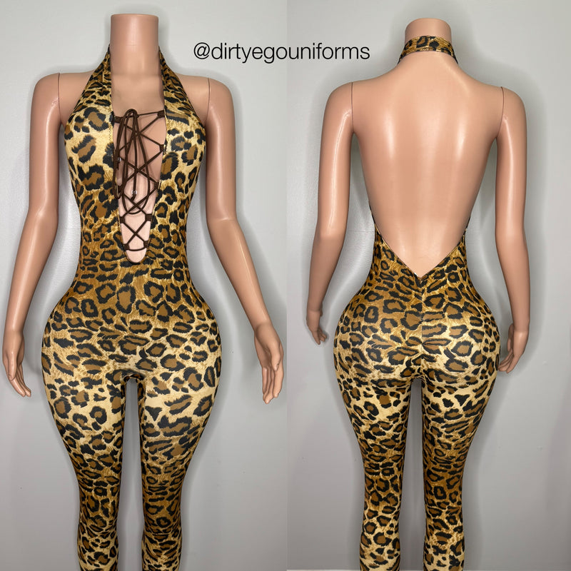 Leopard halter jumpsuit w/ lace up front