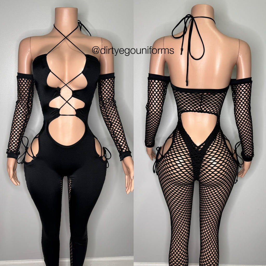 Net back bandeau jumpsuit w/sewn in back panty