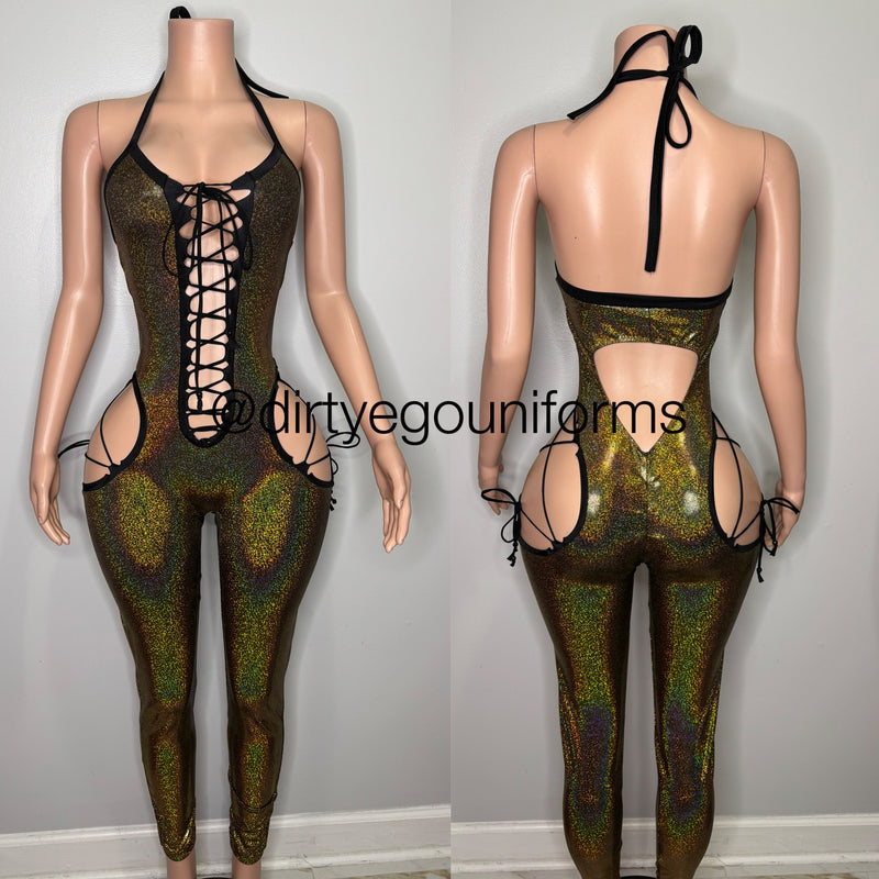 Deep lace halter jumpsuit with open hips