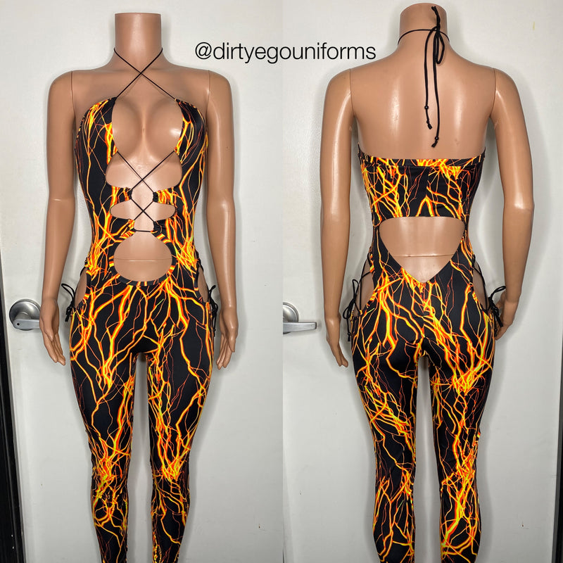 Lightning print open hip jumpsuit