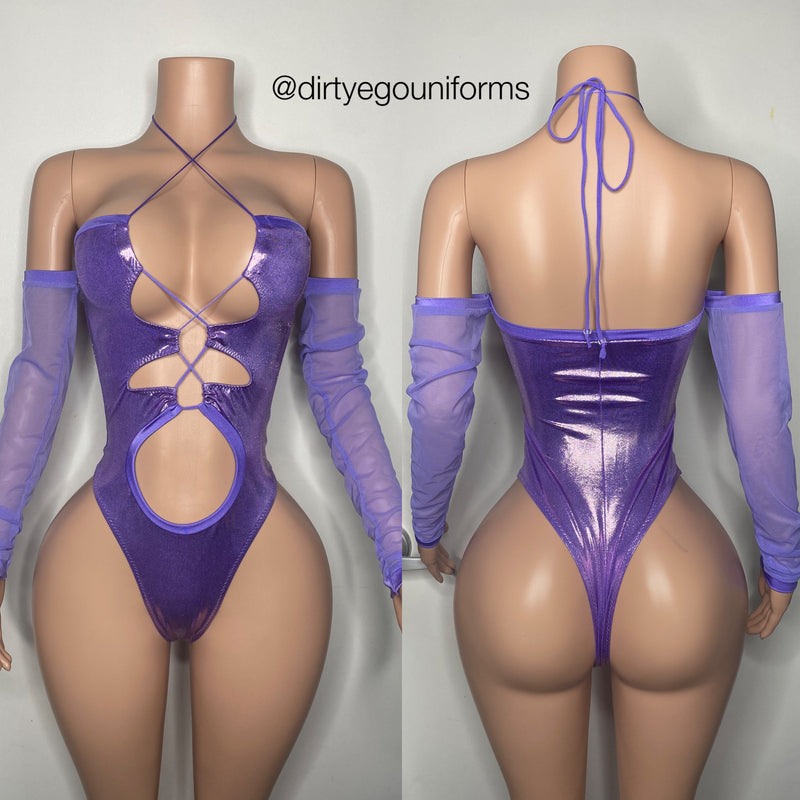 Iridescent bandeau bodysuit with mesh sleeves