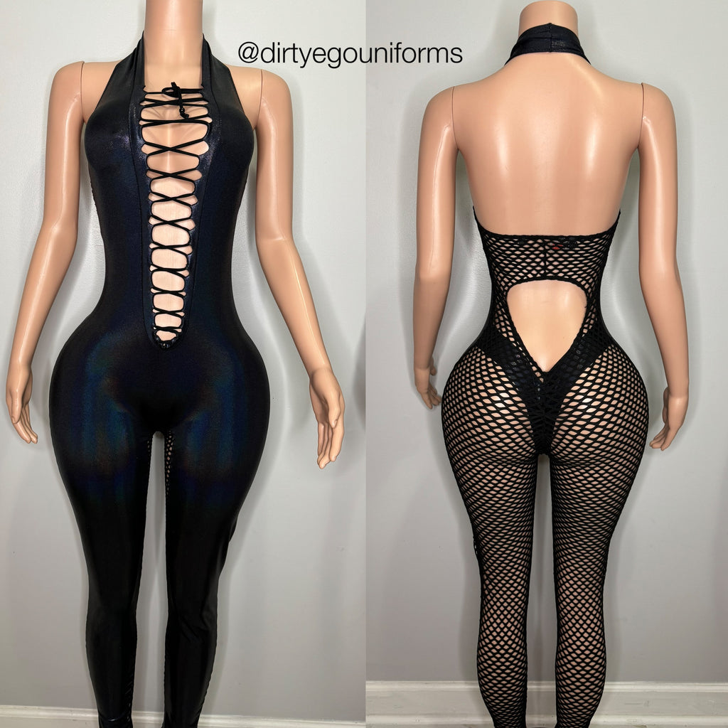 Lace front halter jumpsuit with full net back