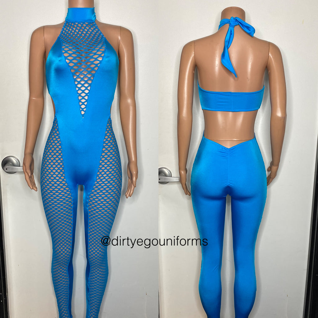 Net chest and leg halter jumpsuit